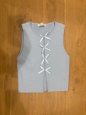 Light Blue Ribbed Bow-Detail Sleeveless Top